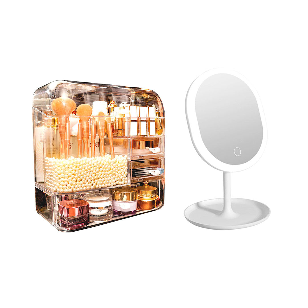 Transparent Cosmetic Storage Skincare Organiser with Pearls and White LED Light Tabletop Mirror Set