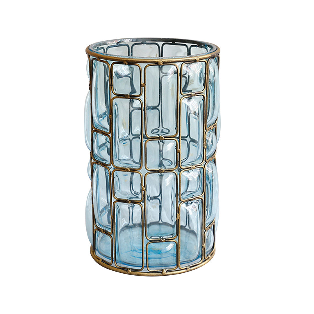 Blue European Glass Flower Vase with Gold Metal Pattern