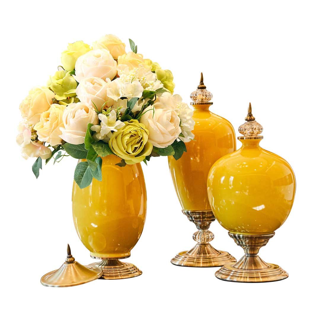 3x Ceramic Vase with Blue Flower Set Yellow