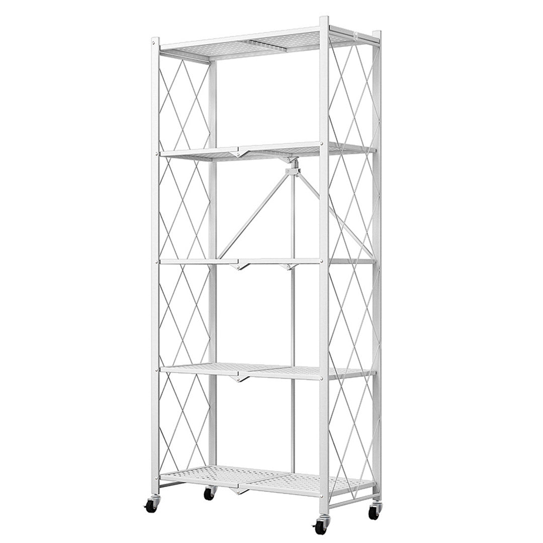 5 Tier Foldable Kitchen Shelves with Wheels  White