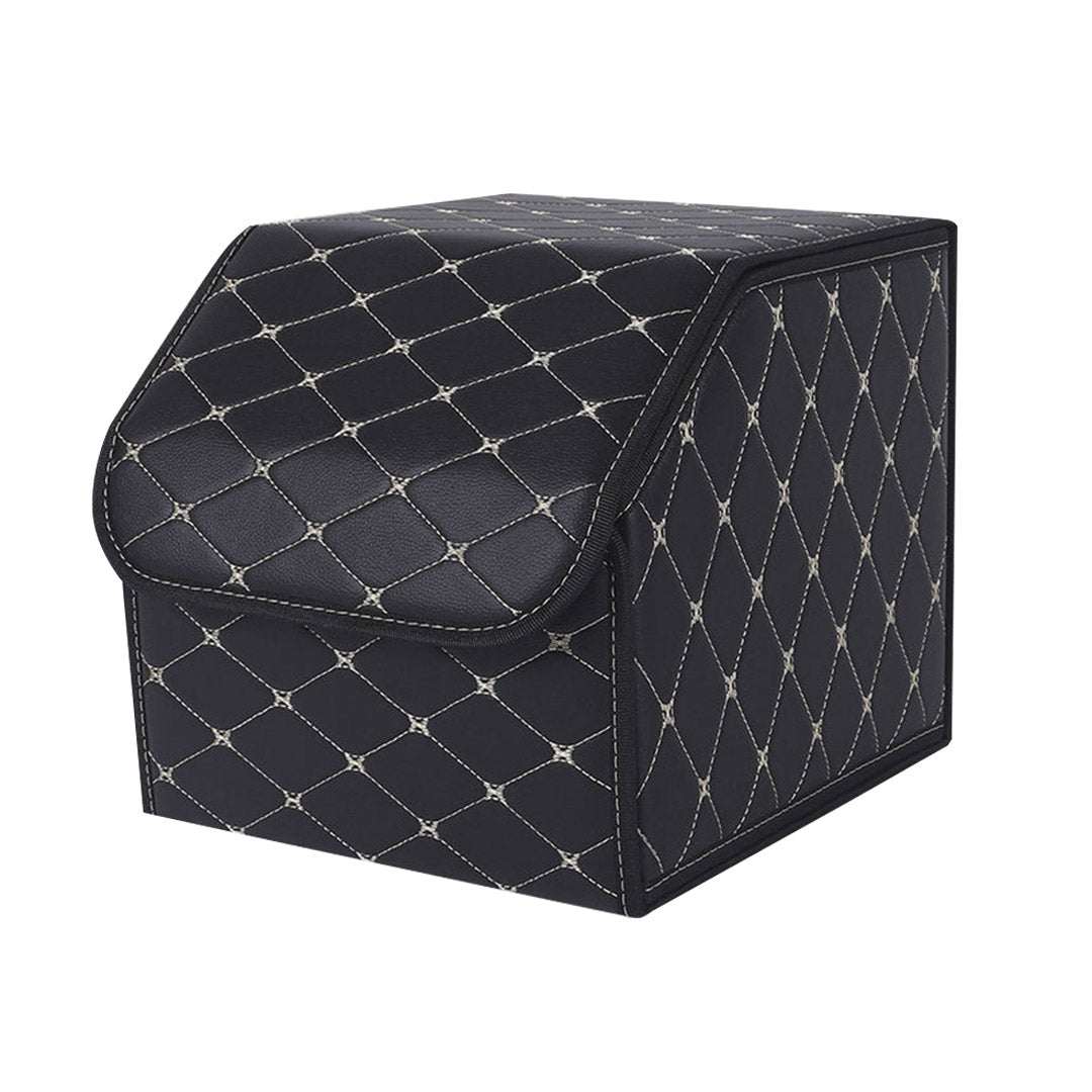 Leather Car Boot Foldable Trunk Cargo Organizer Box Black/Gold Stitch Small