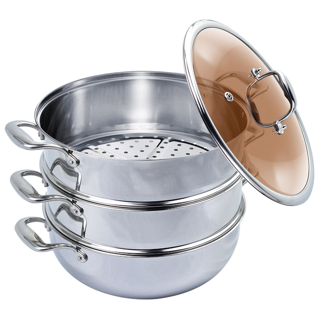 3 Tier 30cm Stainless Steel Food Steamer with Glass Lid