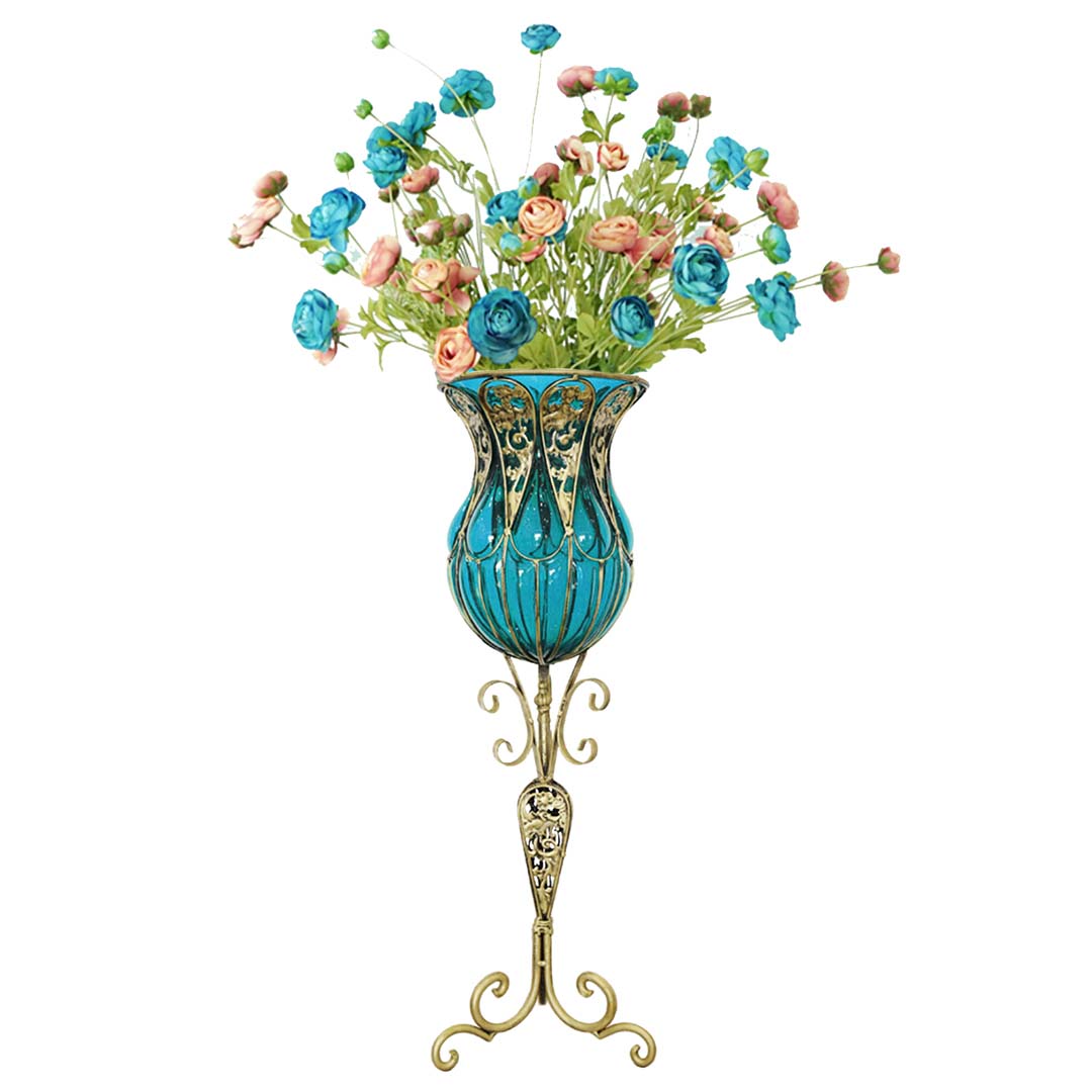 85cm Blue Glass Floor Vase and 12pcs Blue Artificial Flower Set