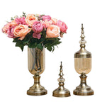 2x Clear Bronze Glass Vase with Lid and Pink Flower Set