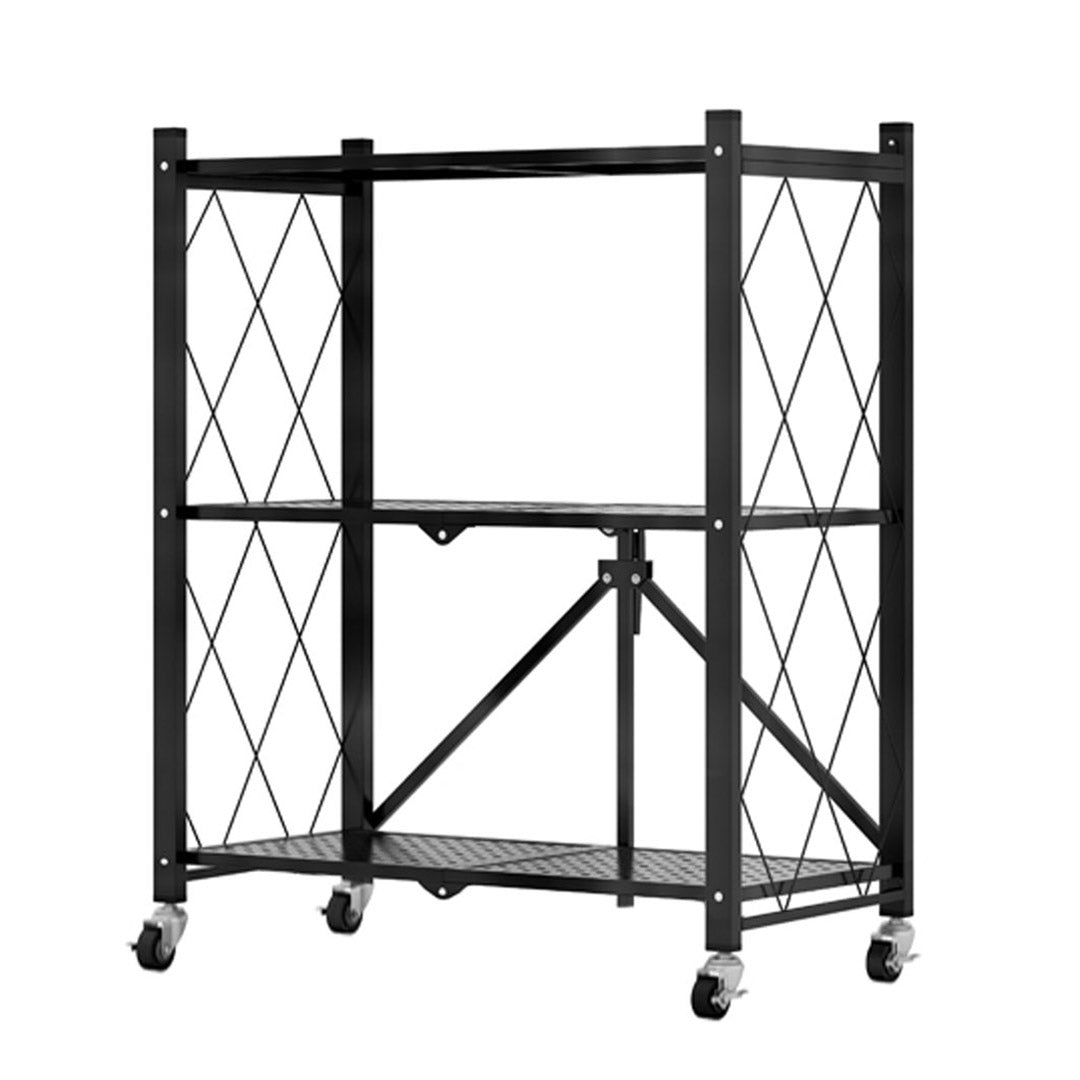 3 Tier Foldable Kitchen Shelves with Wheels Black