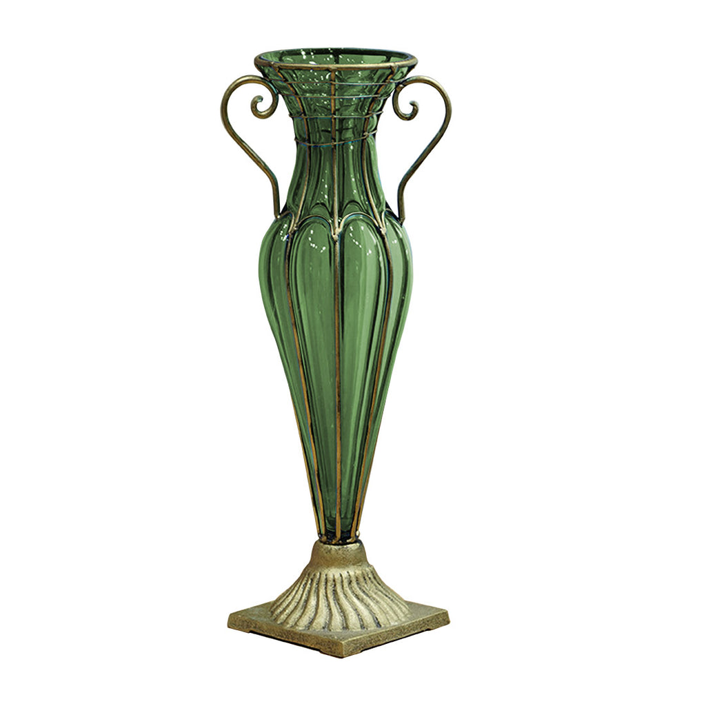 Green European Glass Flower Vase with Two Gold Metal Handle