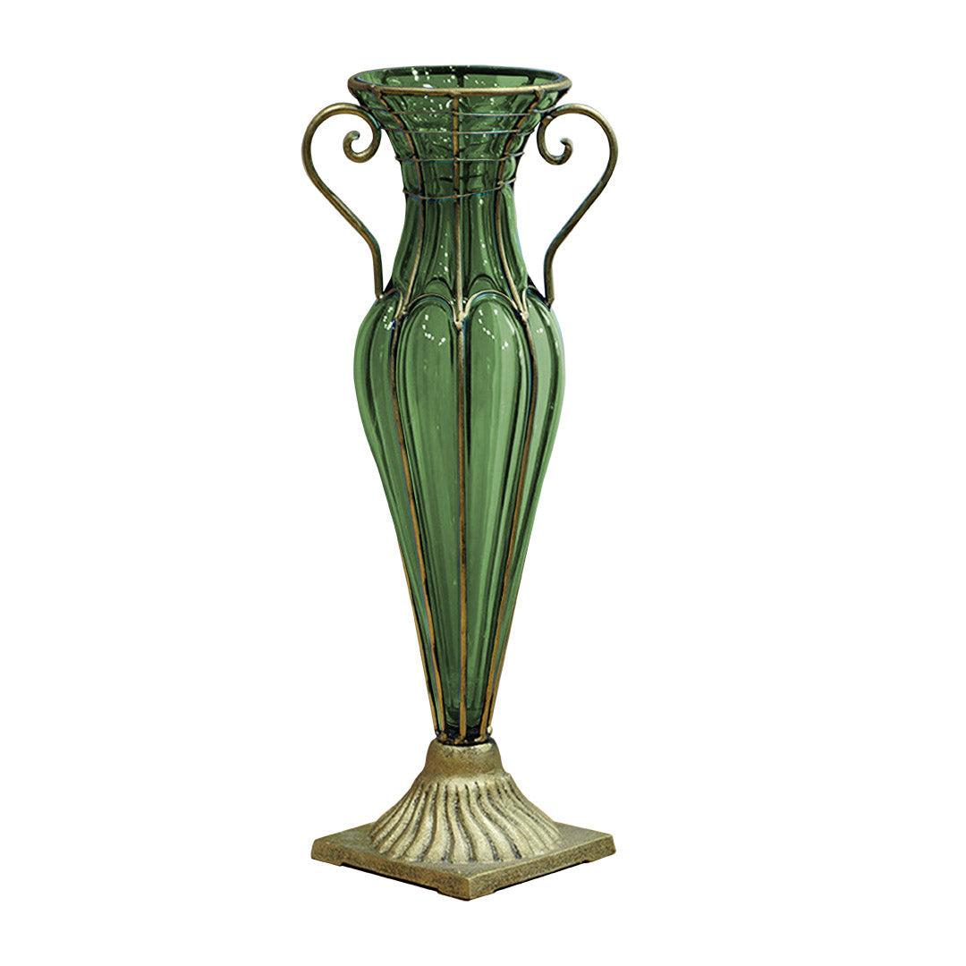 Green European Glass Flower Vase with Two Gold Metal Handle