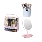 Pink 2 Tier Cosmetic Storage with Brush Lipstick Holder Organiser and LED Light Tabletop Mirror Set