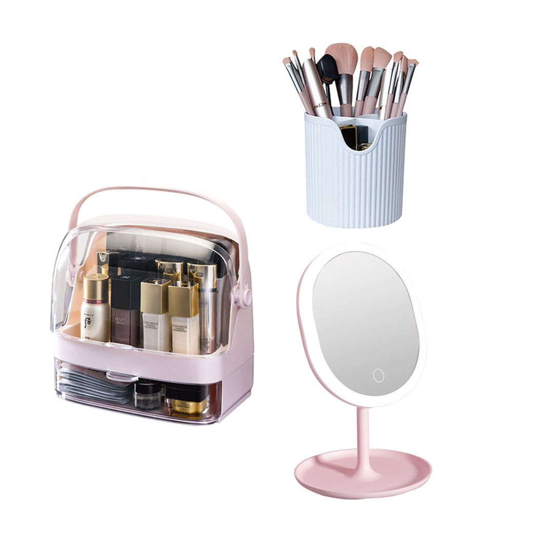Pink 2 Tier Cosmetic Storage with Brush Lipstick Holder Organiser and LED Light Tabletop Mirror Set