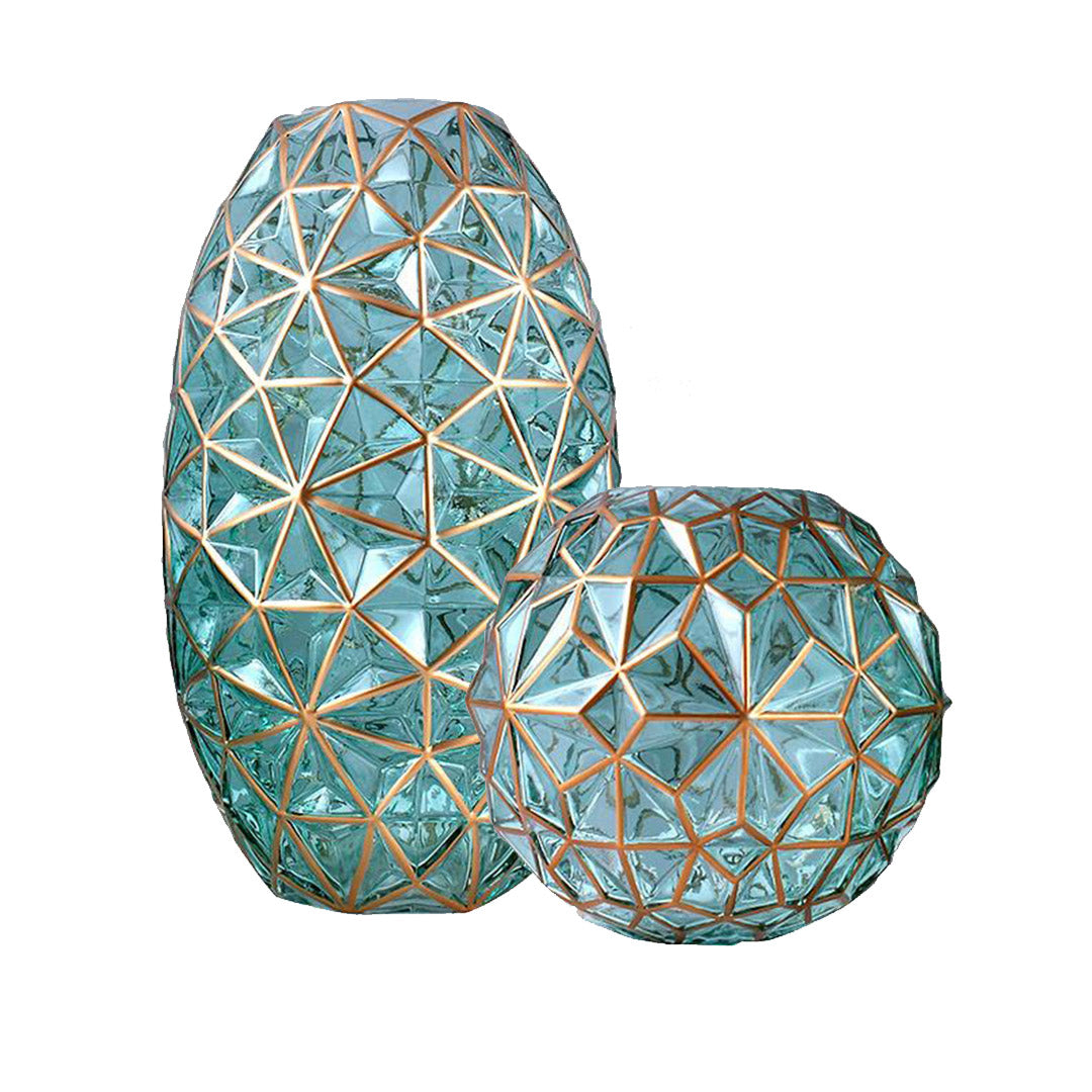 Green Diamond Cut Glass Flower Vase with Gold Accent