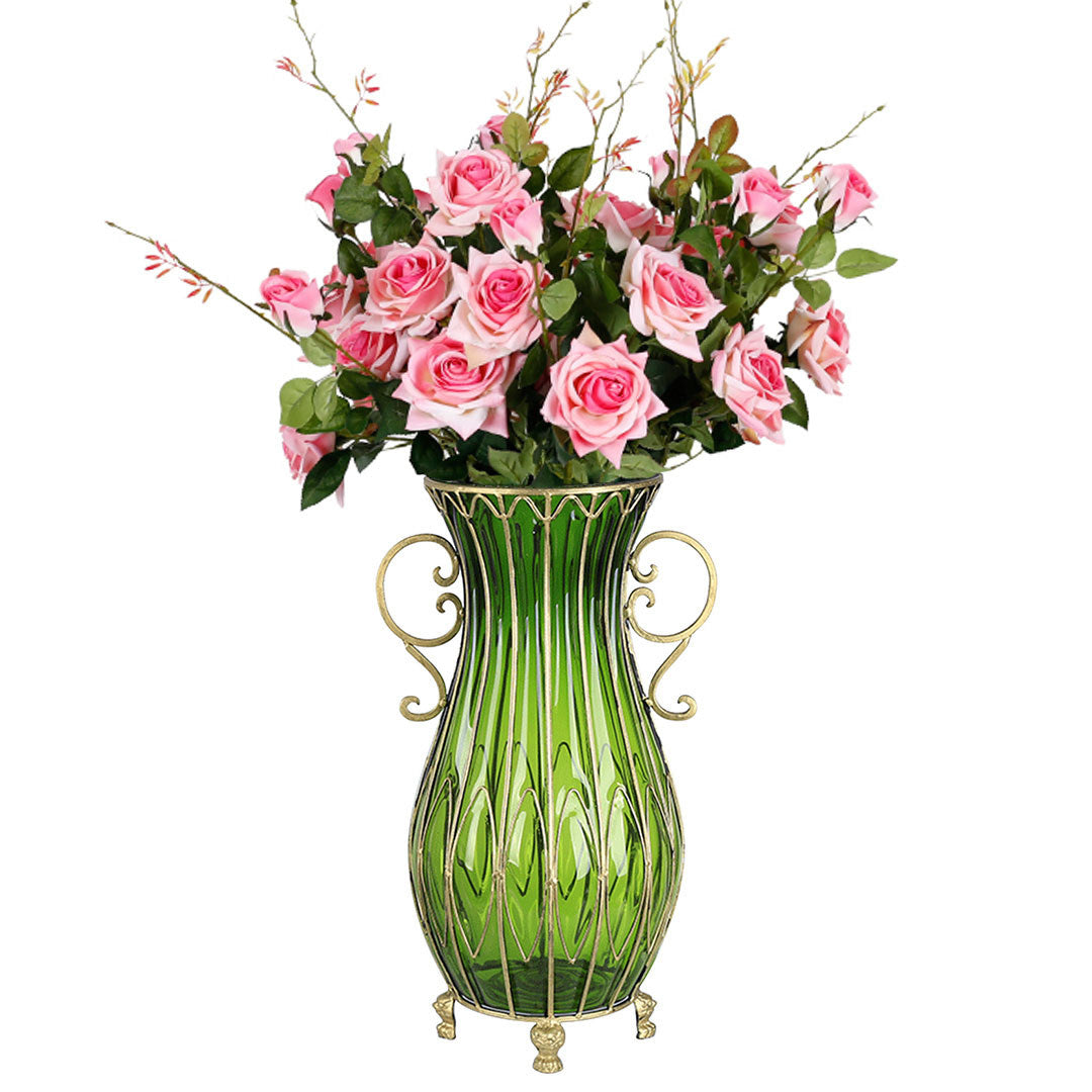 51cm Green Glass Floor Vase with 12pcs Pink Artificial Flower Set