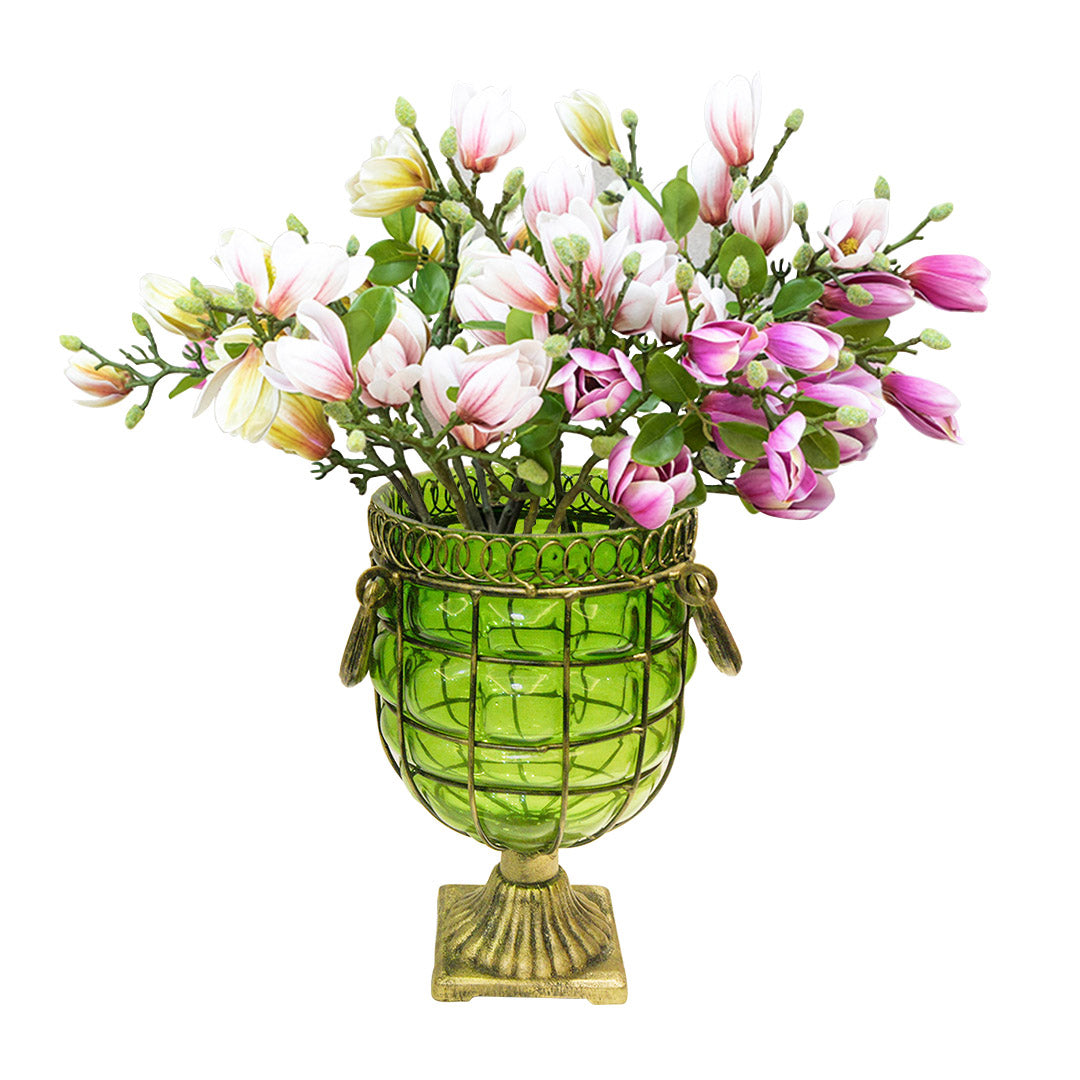 Green Glass Flower Vase with 6 Bunch 4 Heads Artificial Silk Magnolia denudata Set
