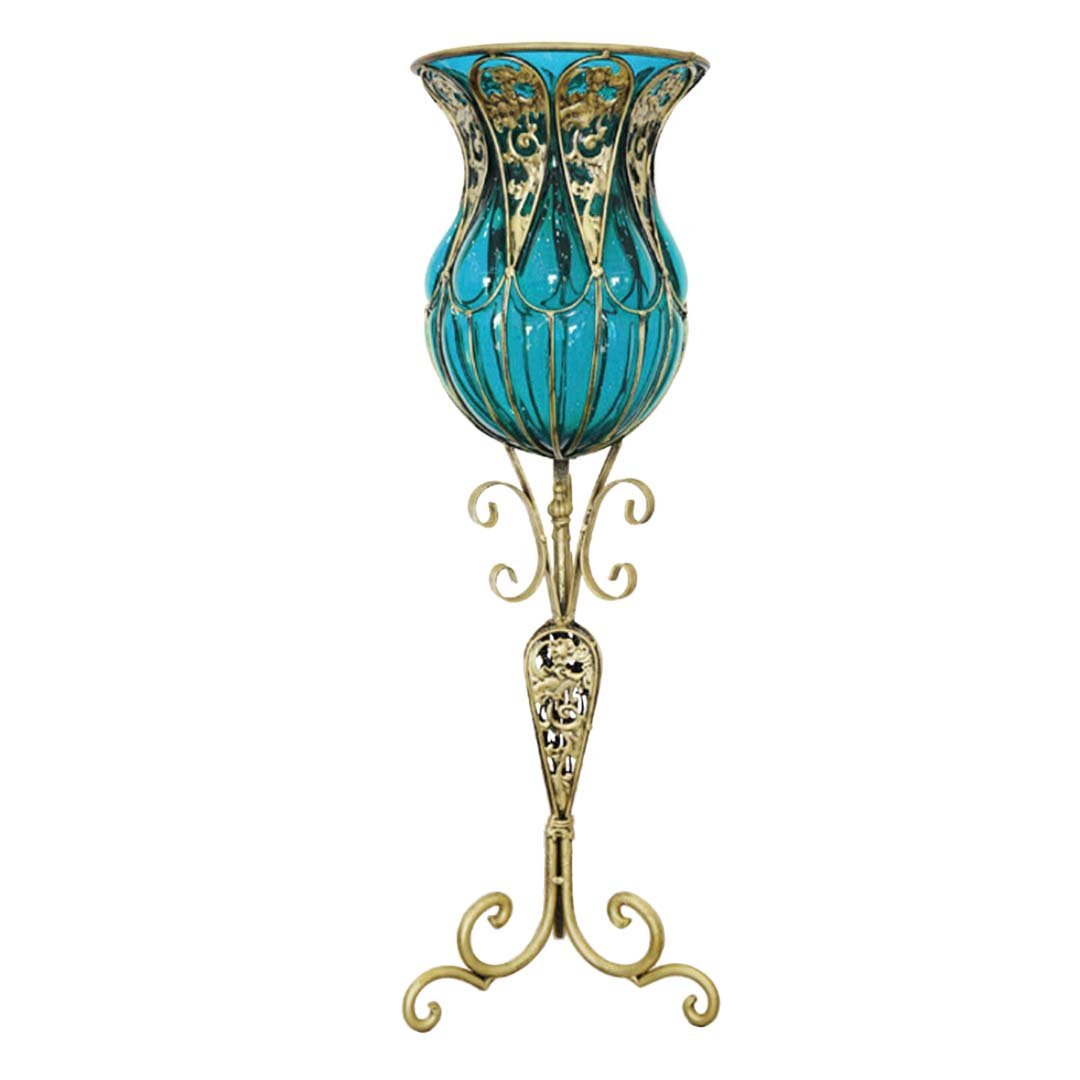 85cm Blue Glass Floor Vase with Tall Metal Stand