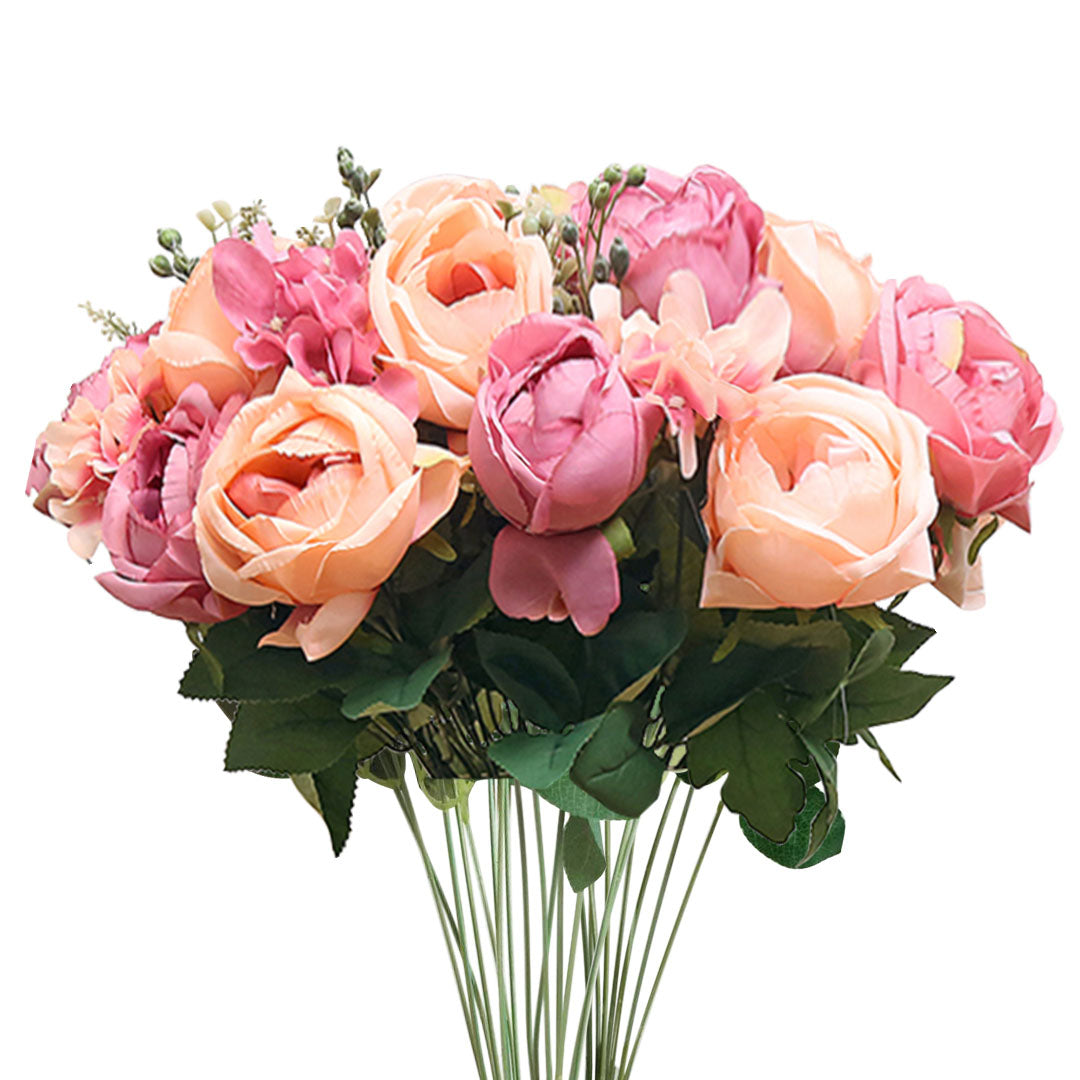 3pcs Artificial Silk with 15 Heads Rose Pink