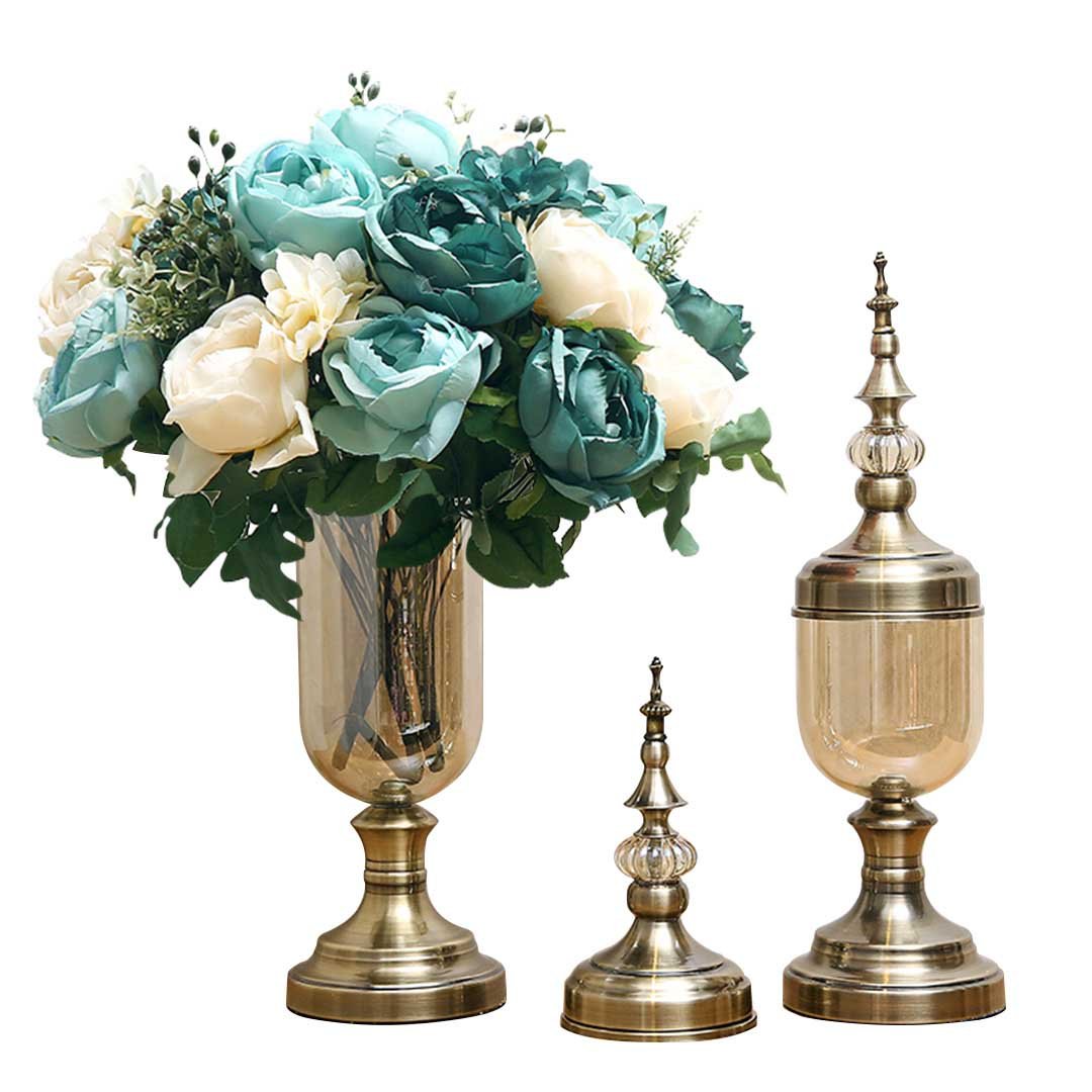 2x Clear Bronze Glass Vase with Lid and Blue Flower Set