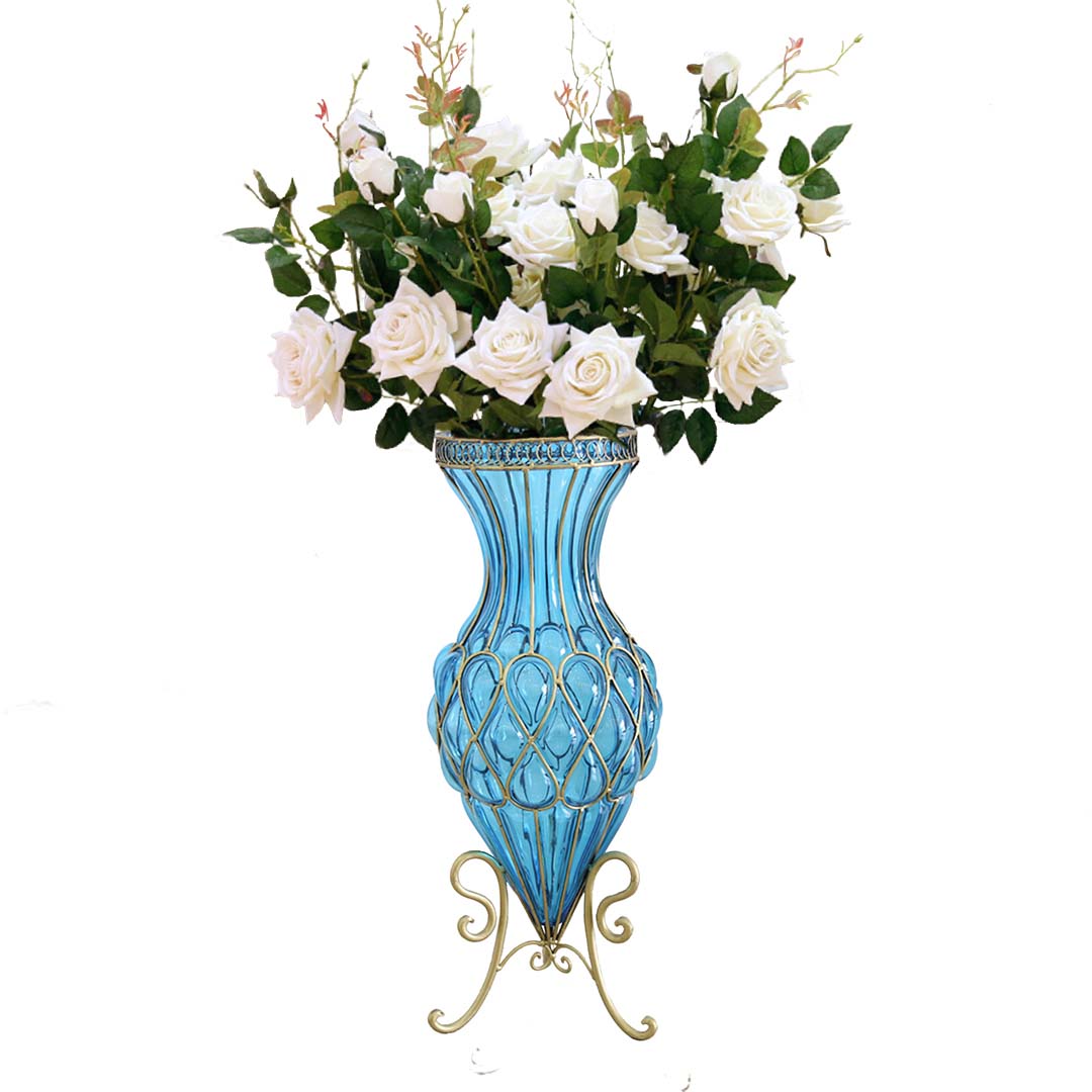 67cm Blue Glass Floor Vase and 12pcs White Artificial Flower Set
