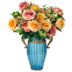 Blue Glass Flower Vase with 4 Bunch 11 Heads Artificial Silk Rose Set