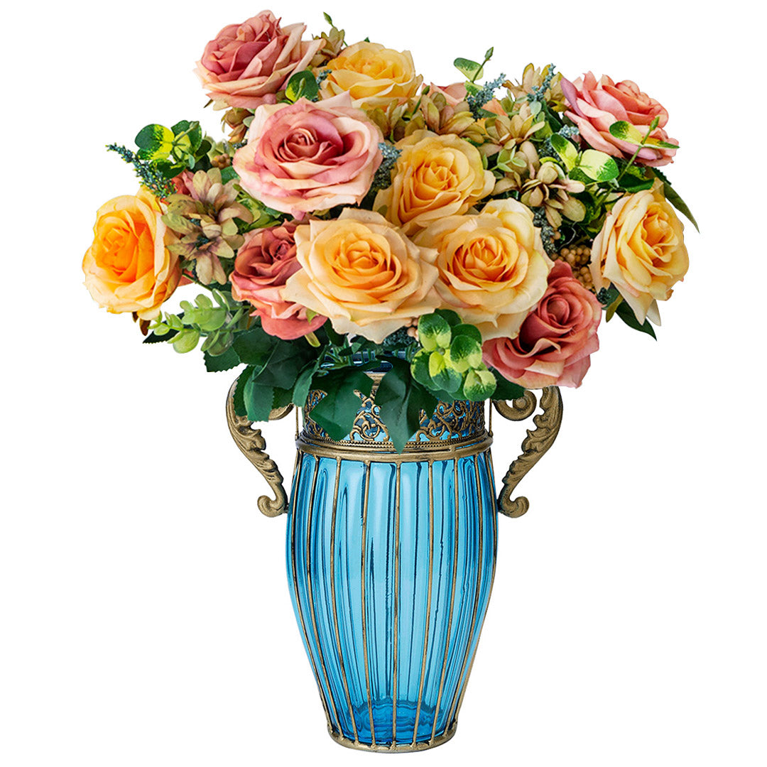 Blue Glass Flower Vase with 4 Bunch 11 Heads Artificial Silk Rose Set