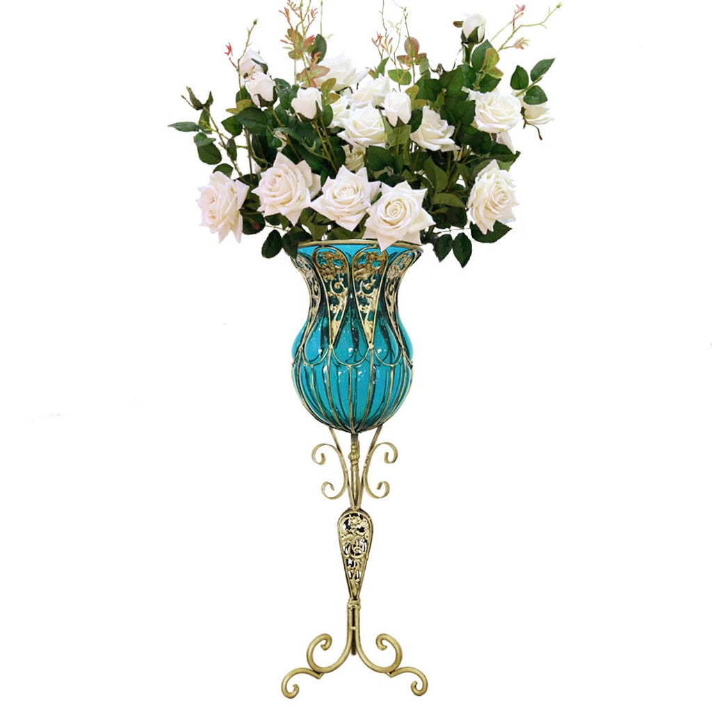 85cm Blue Glass Floor Vase and 12pcs White Artificial Flower Set