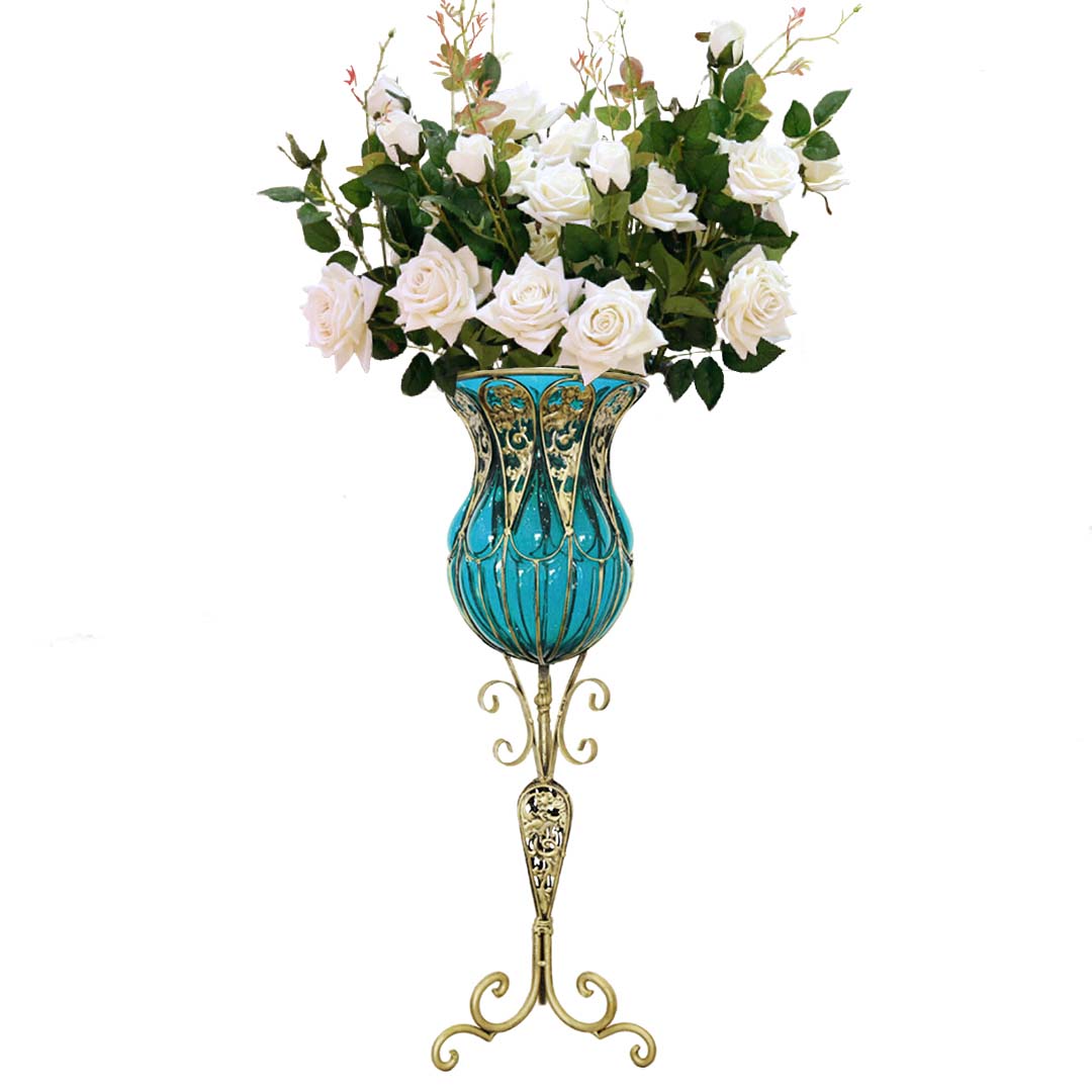 85cm Blue Glass Floor Vase and 12pcs White Artificial Flower Set