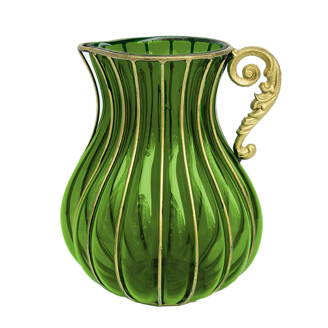 Green European Glass Flower Vase with Metal Handle