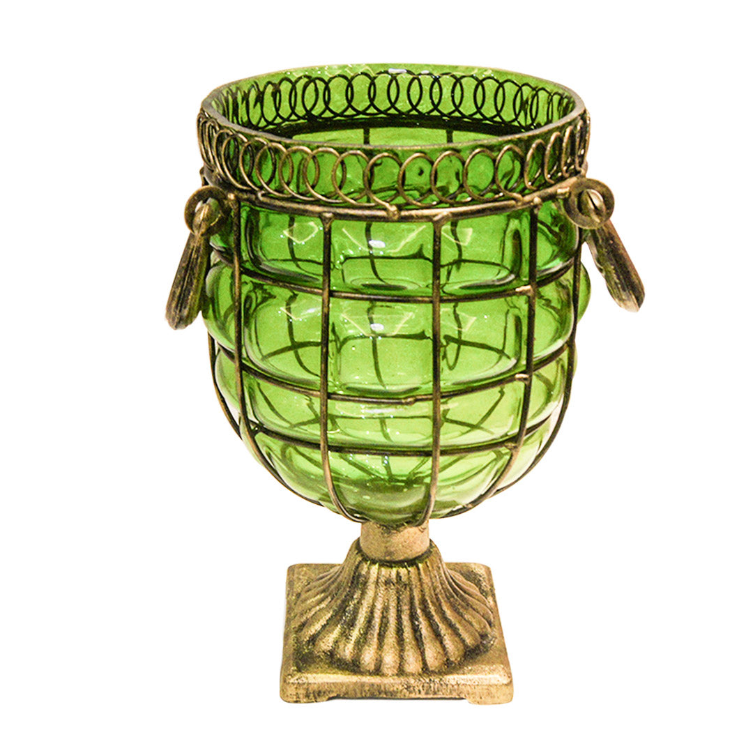Green European GlassFlower Vase with Metal Handle