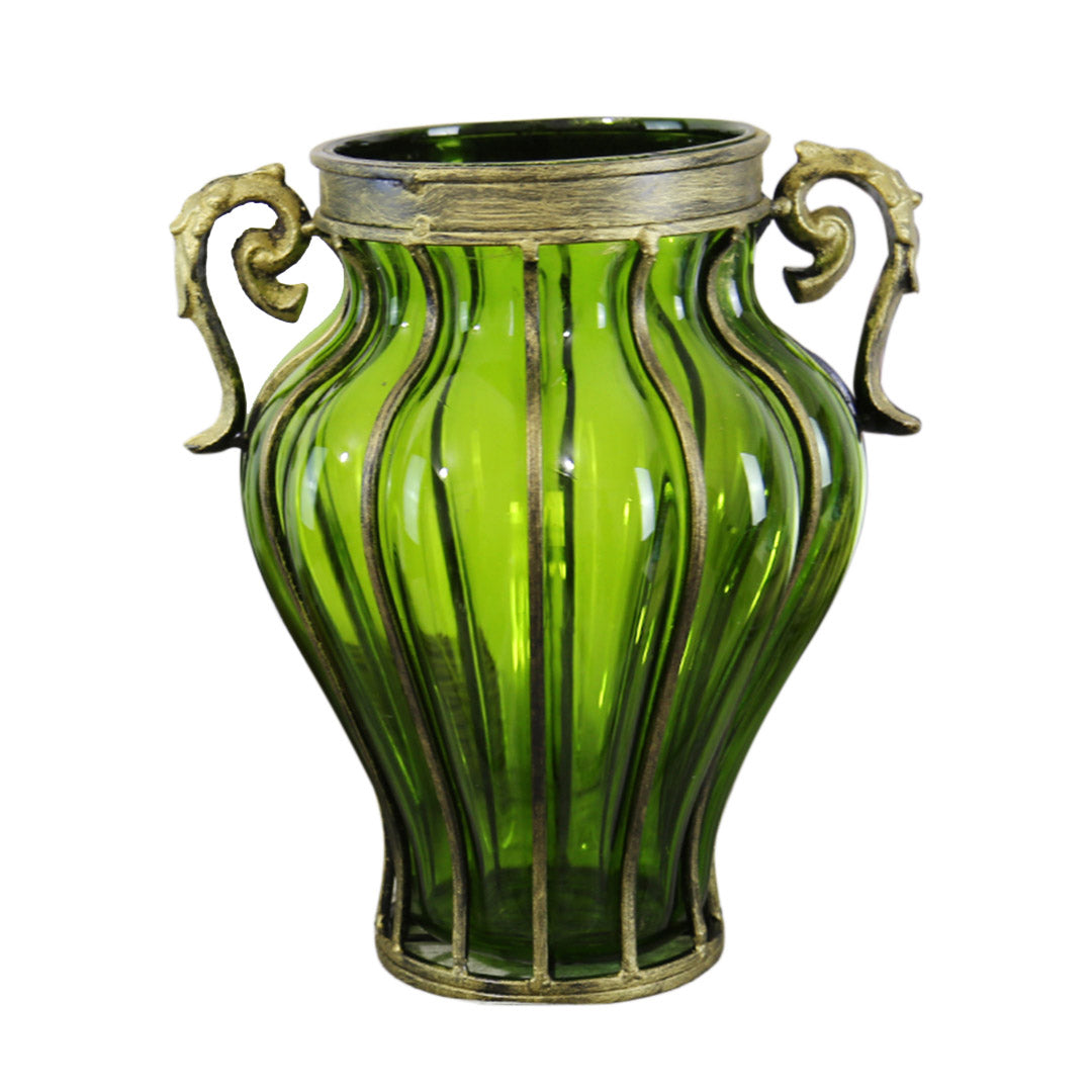 Green European Glass Flower Vase with Two Metal Handle