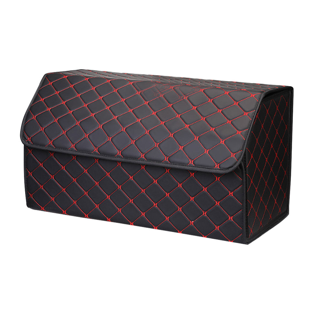 Leather Car Boot Foldable Trunk Cargo Organizer Box Black/Red Stitch Large