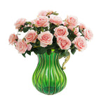 Green Glass Flower Vase with 4 Bunch 9 Heads Artificial Silk Rose Set