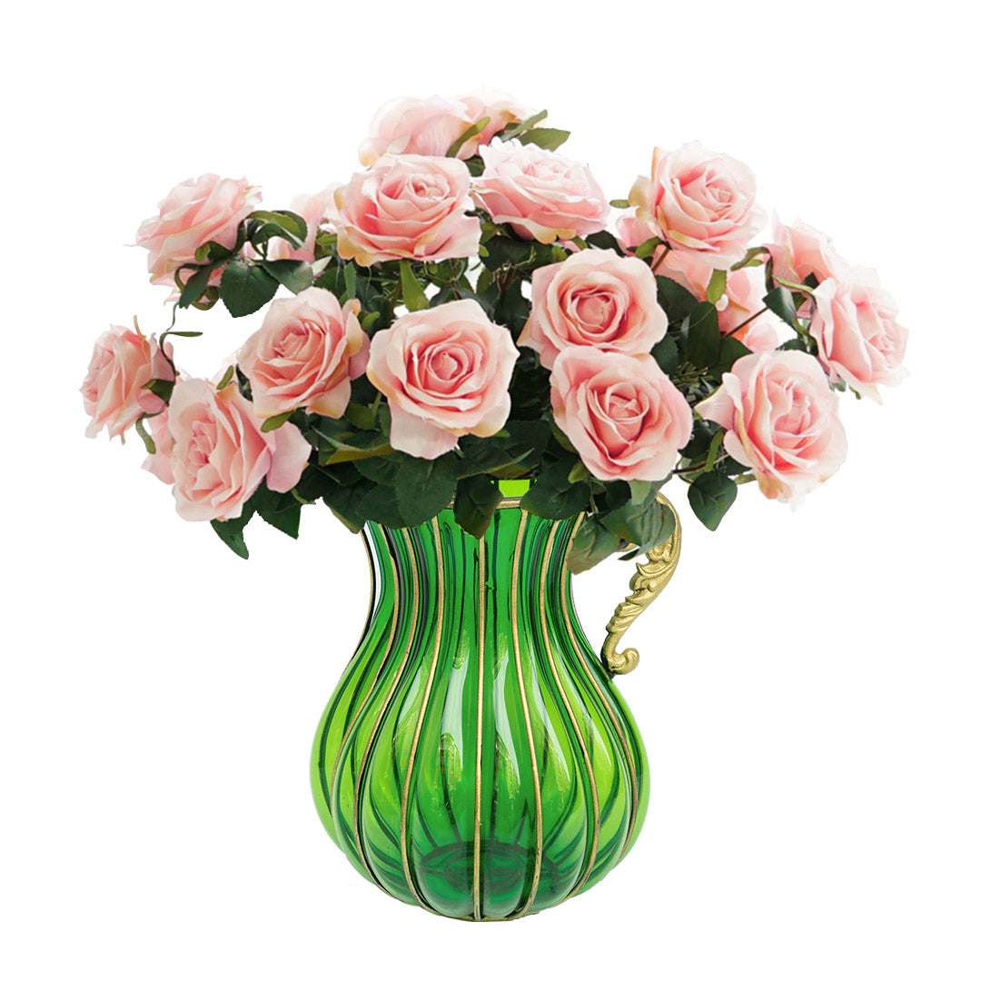 Green Glass Flower Vase with 4 Bunch 9 Heads Artificial Silk Rose Set