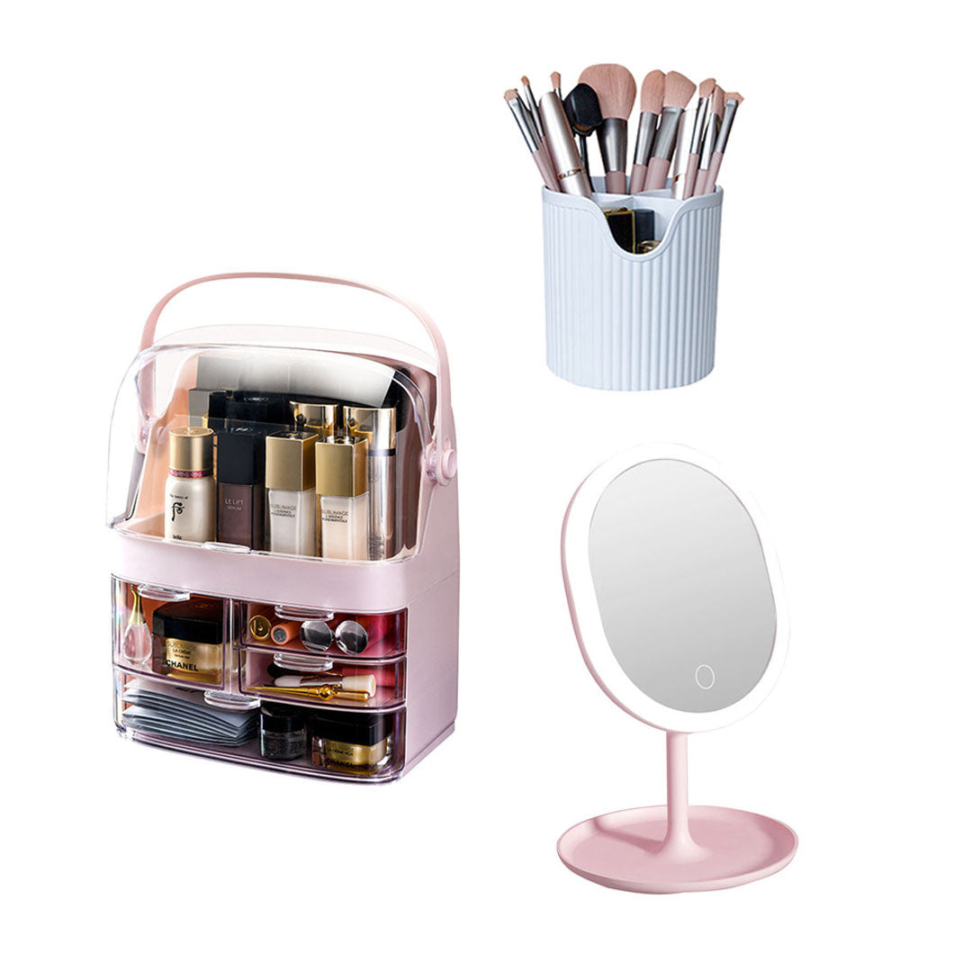 Pink 3 Tier Cosmetic Storage with Brush Lipstick Holder Organiser and LED Light Tabletop Mirror Set