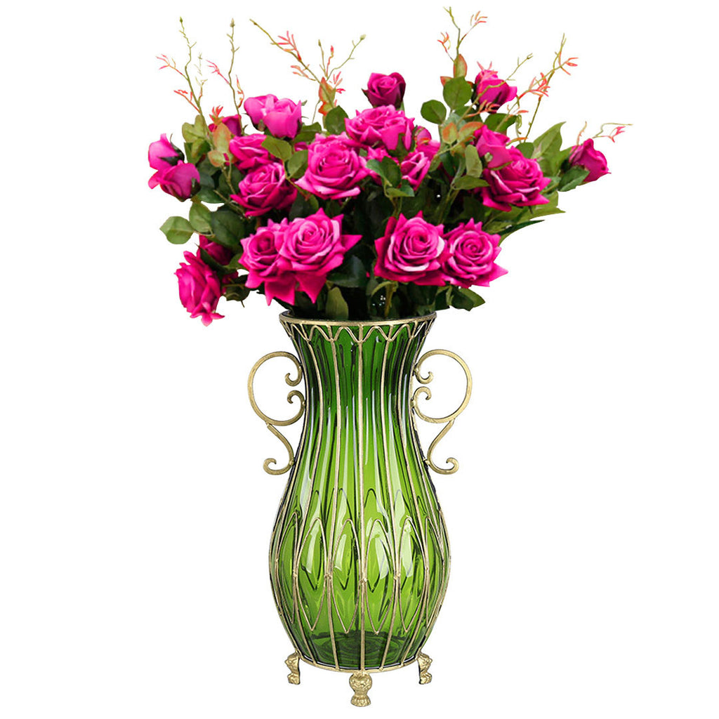 51cm Green Glass Floor Vase with 12pcs Artificial Flower Set