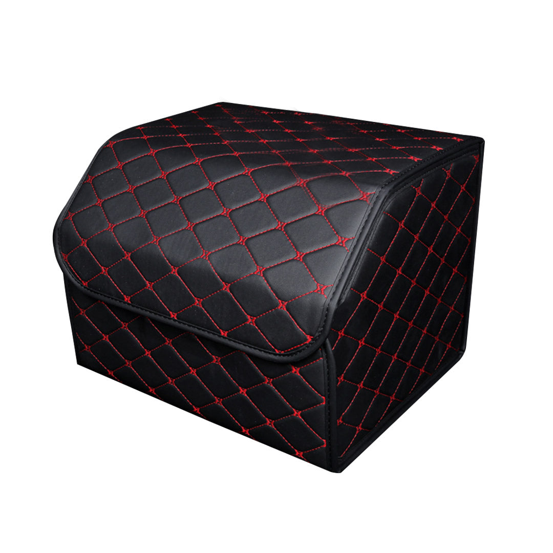Leather Car Boot Foldable Trunk Cargo Organizer Box Black/Red Stitch Medium