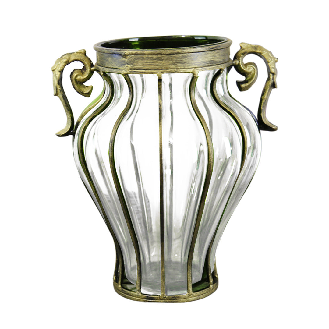 Clear European Glass Flower Vase with Two Metal Handle