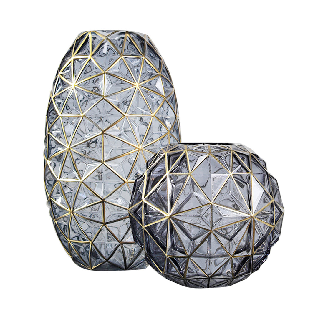 Grey Diamond Cut Glass Flower Vase with Gold Accent