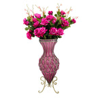 67cm Purple Glass Floor Vase and 12pcs Dark Pink Artificial Flower Set