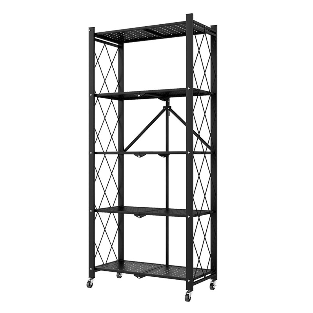 5 Tier Foldable Kitchen Shelves with Wheels Black