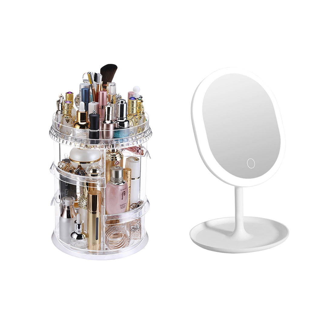 360 Degree Rotating Cosmetic Storage Organiser with White LED Light Tabletop Mirror Set