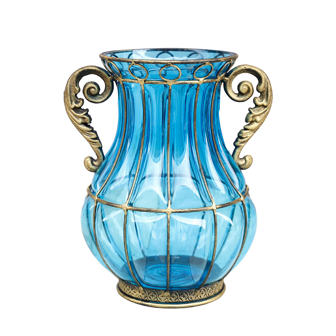 Blue European Glass Flower Vase with Two Metal Handle