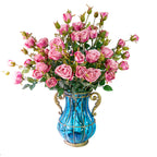 Blue Glass Flower Vase with 10 Bunch 6 Heads Artificial Silk Rose Set
