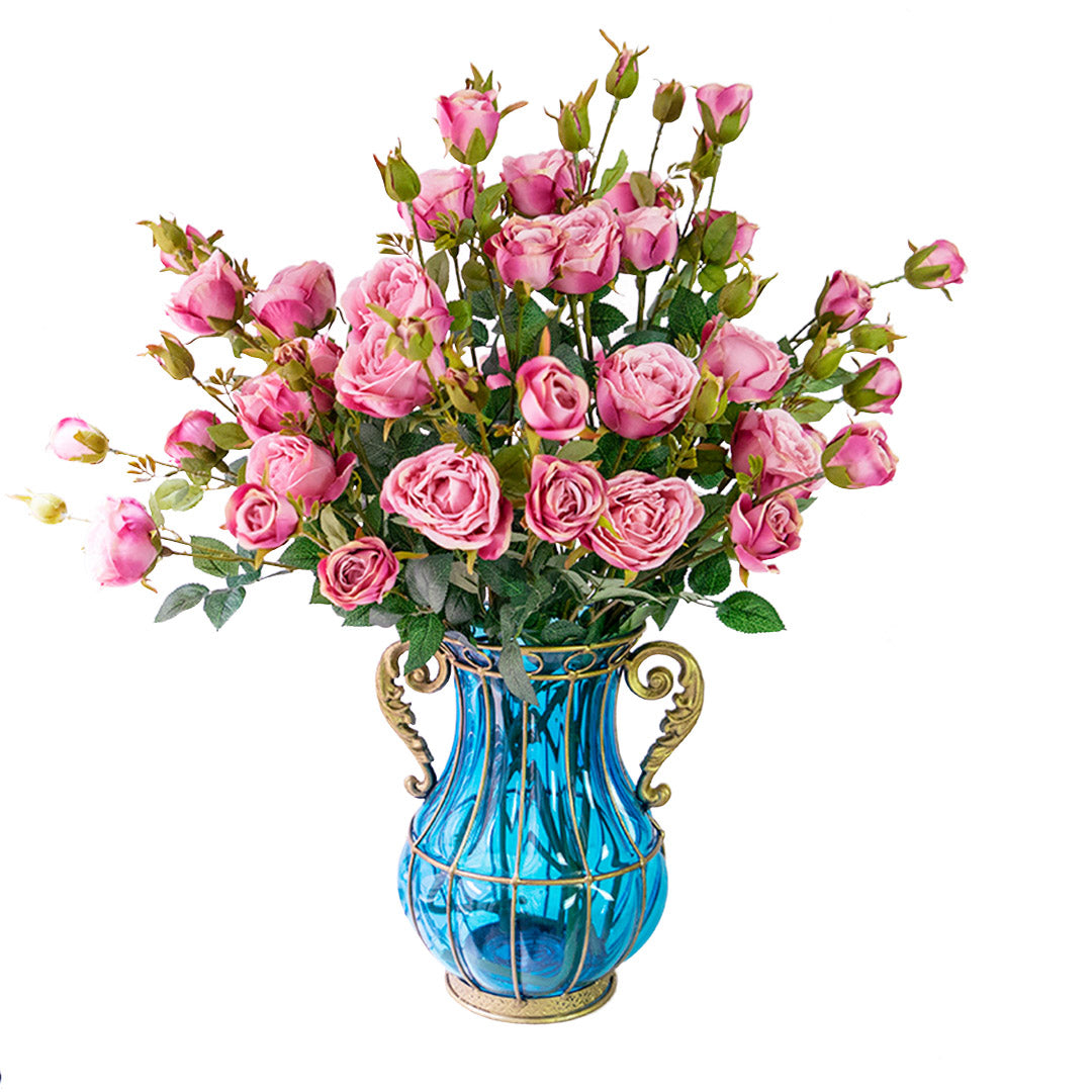 Blue Glass Flower Vase with 10 Bunch 6 Heads Artificial Silk Rose Set