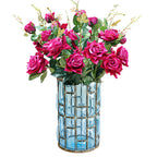 Blue Glass Cylinder Flower Vase with 8 Bunch 5 Heads Artificial Silk Rose Set