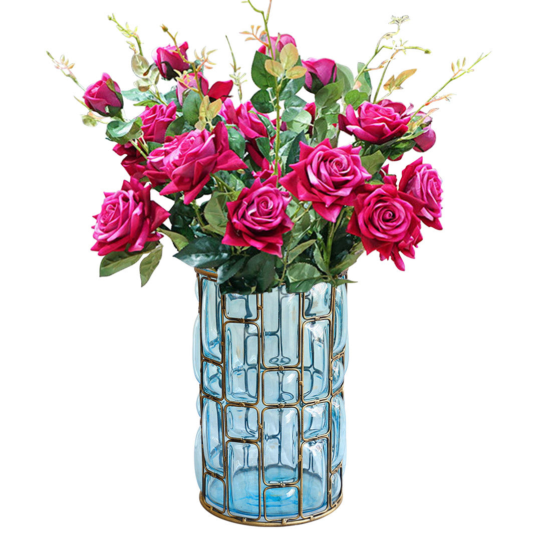 Blue Glass Cylinder Flower Vase with 8 Bunch 5 Heads Artificial Silk Rose Set
