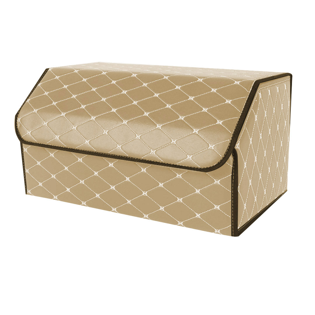 Leather Car Boot Foldable Trunk Cargo Organizer Box Beige/Gold Stitch Large