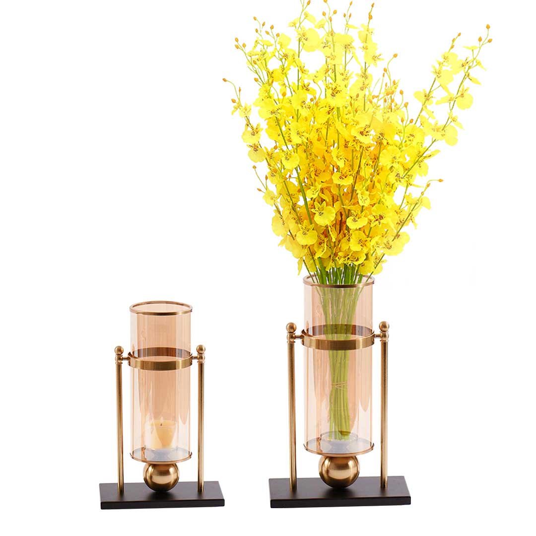42cm 32cm Transparent Glass Vase with Yellow Flower and Candle Set
