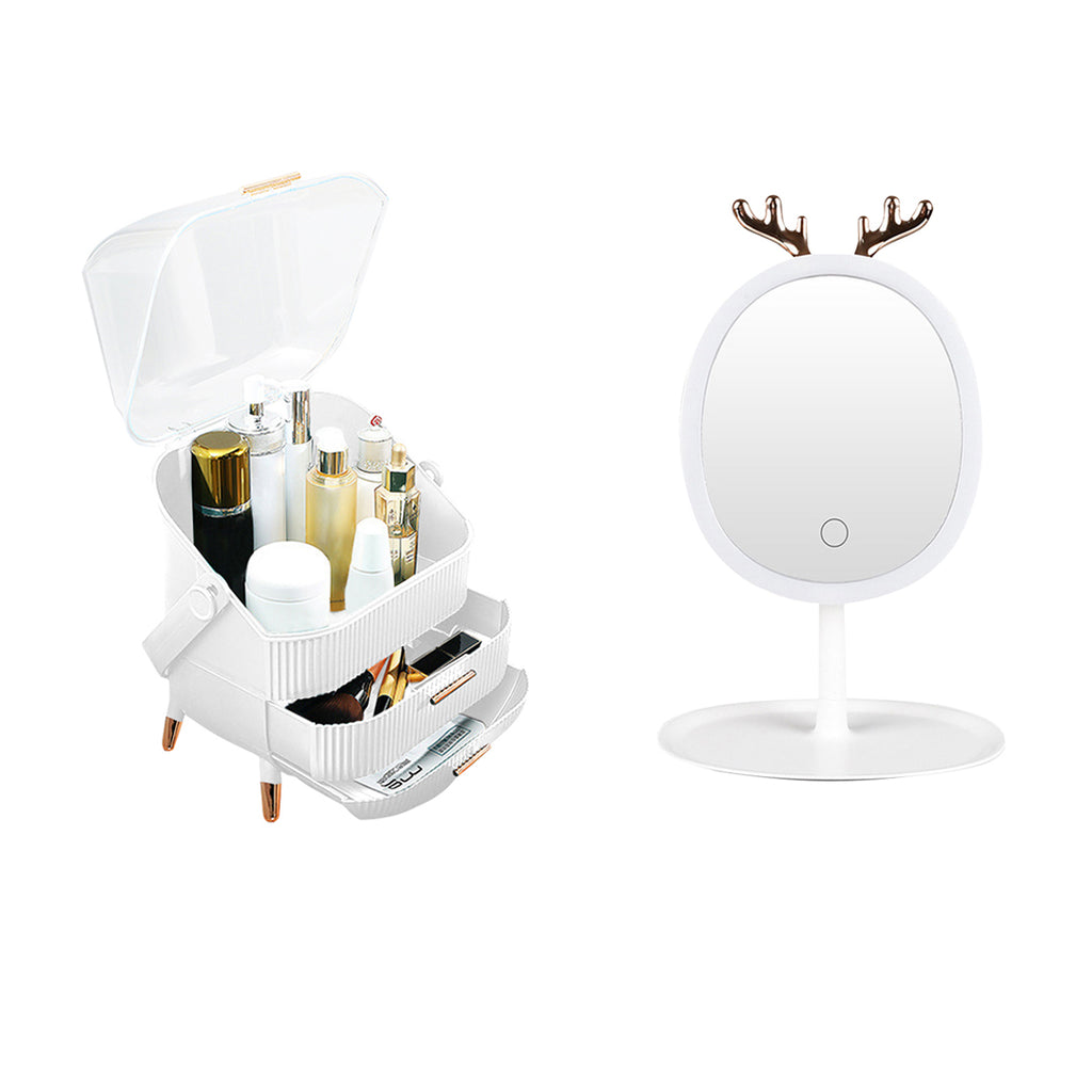 White Cosmetic Jewelry Storage Organiser with Antler LED Tabletop Mirror Set