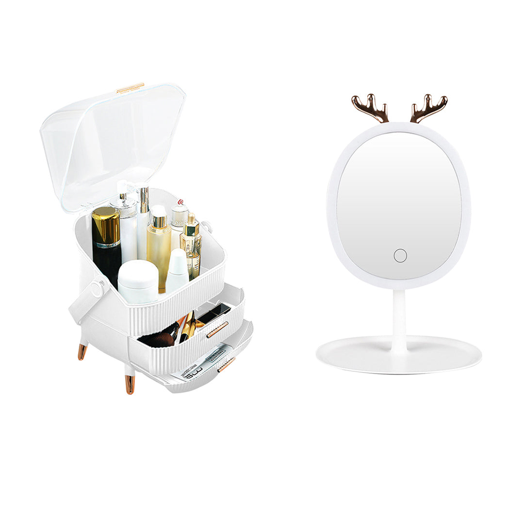 White Cosmetic Jewelry Storage Organiser with Antler LED Tabletop Mirror Set