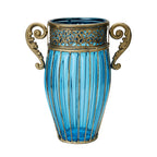 Blue European Glass Flower Vase with Two Metal Handle