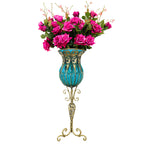 85cm Blue Glass Floor Vase and 12pcs Dark Pink Artificial Flower Set