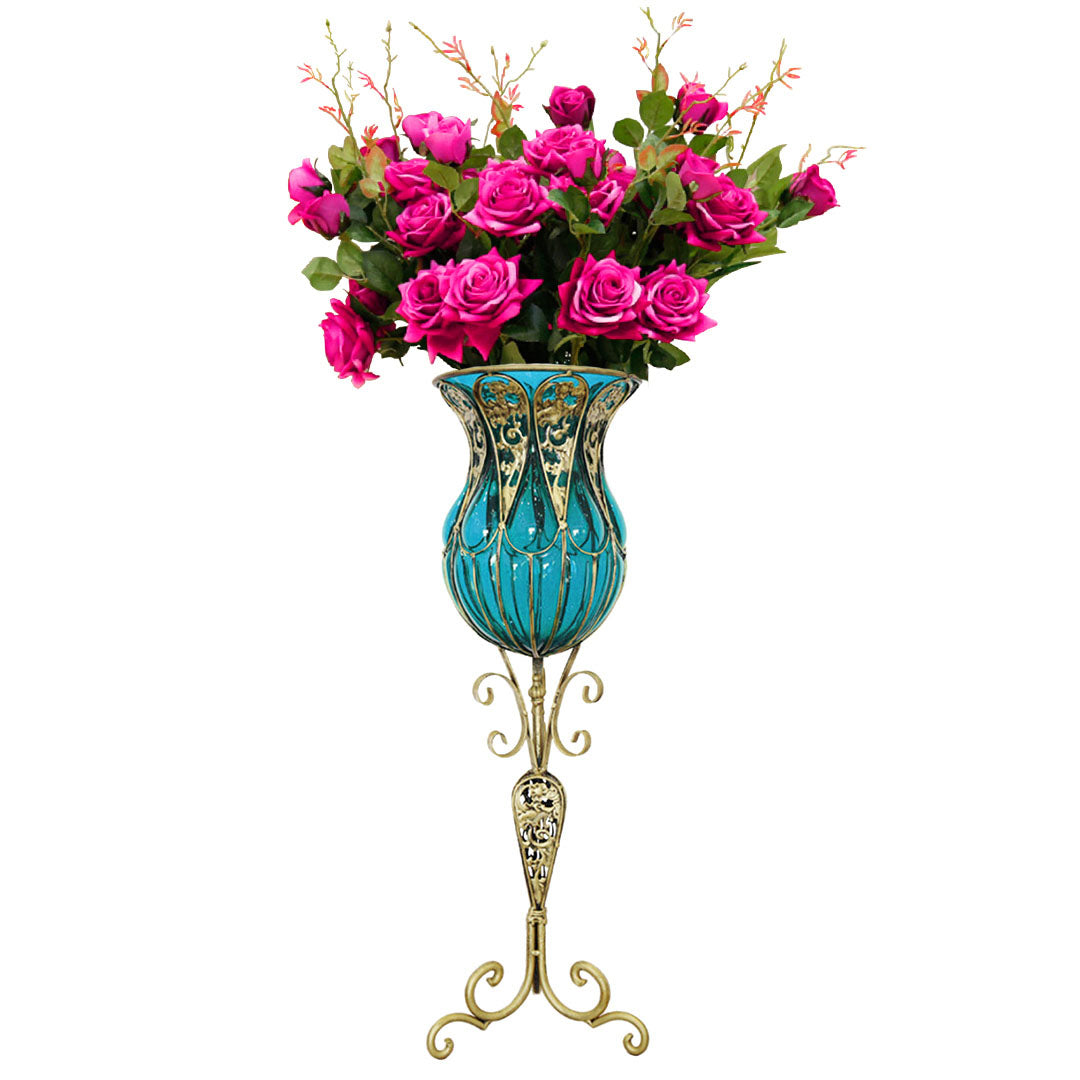 85cm Blue Glass Floor Vase and 12pcs Dark Pink Artificial Flower Set